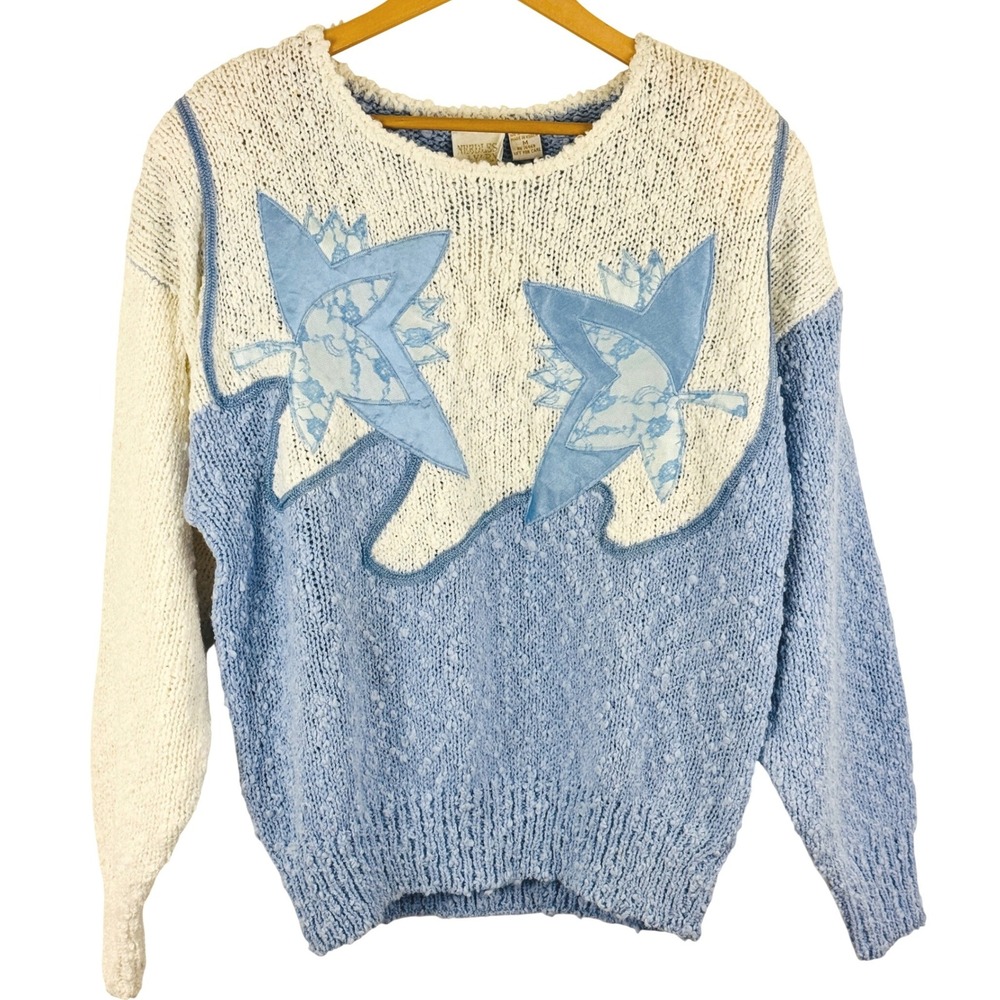 Vintage 80s Needles & Yarn Blue Floral Appliqué‎ Grandmacore Cozy Knit Sweater